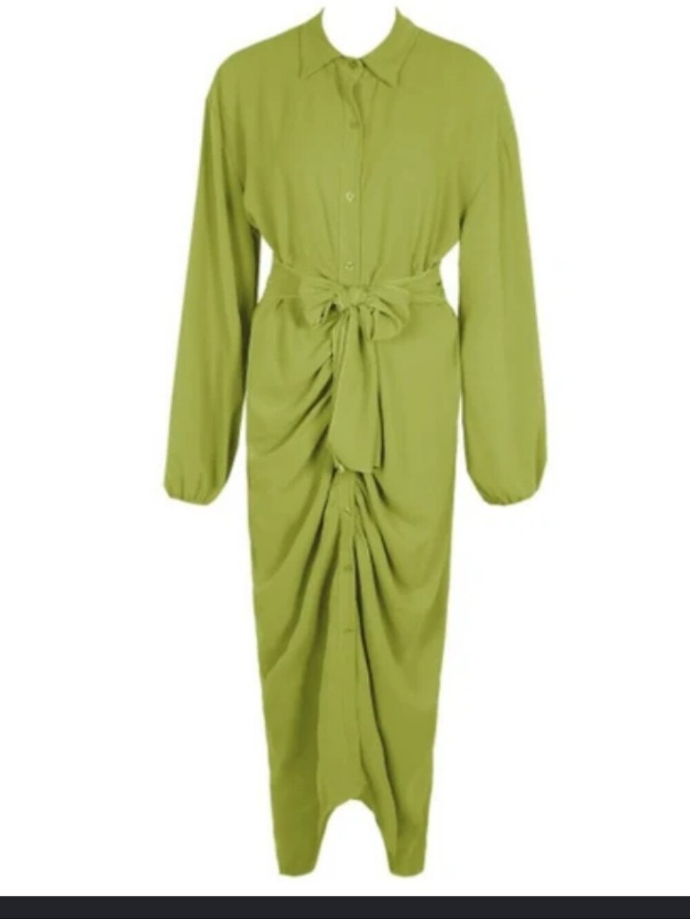 Japparel Olive Green Tie-Waist Long Sleeve Dress